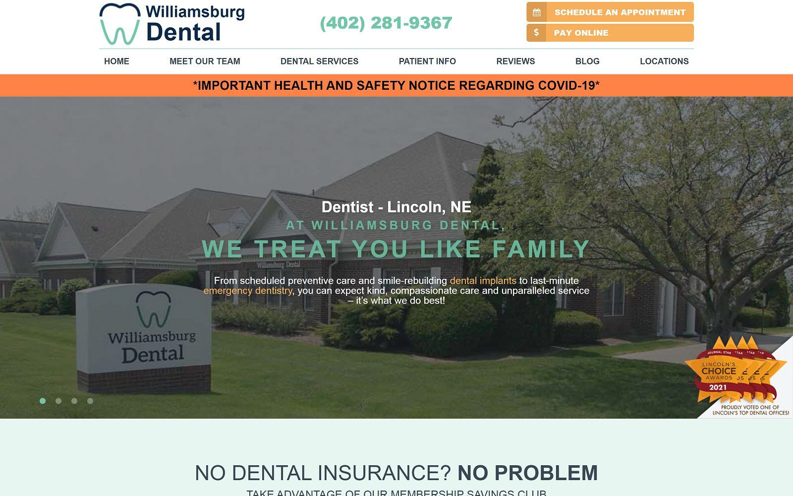 The screenshot of williamsburg dental village drive website