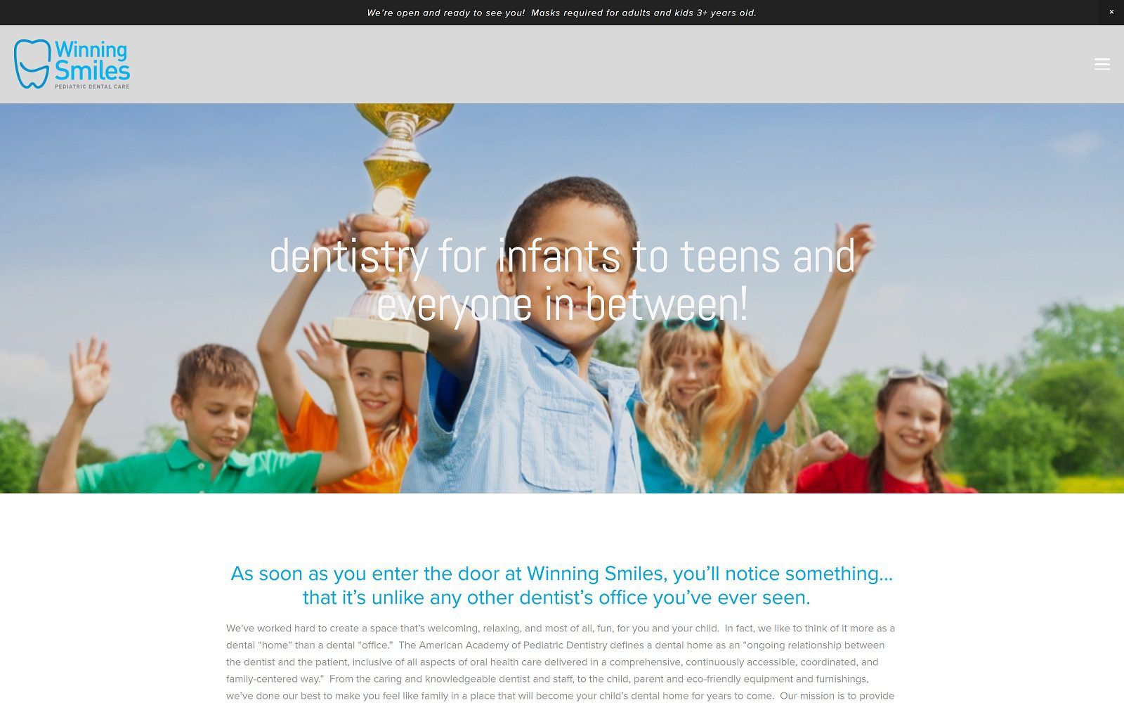 The screenshot of winning smiles pediatric dental care website