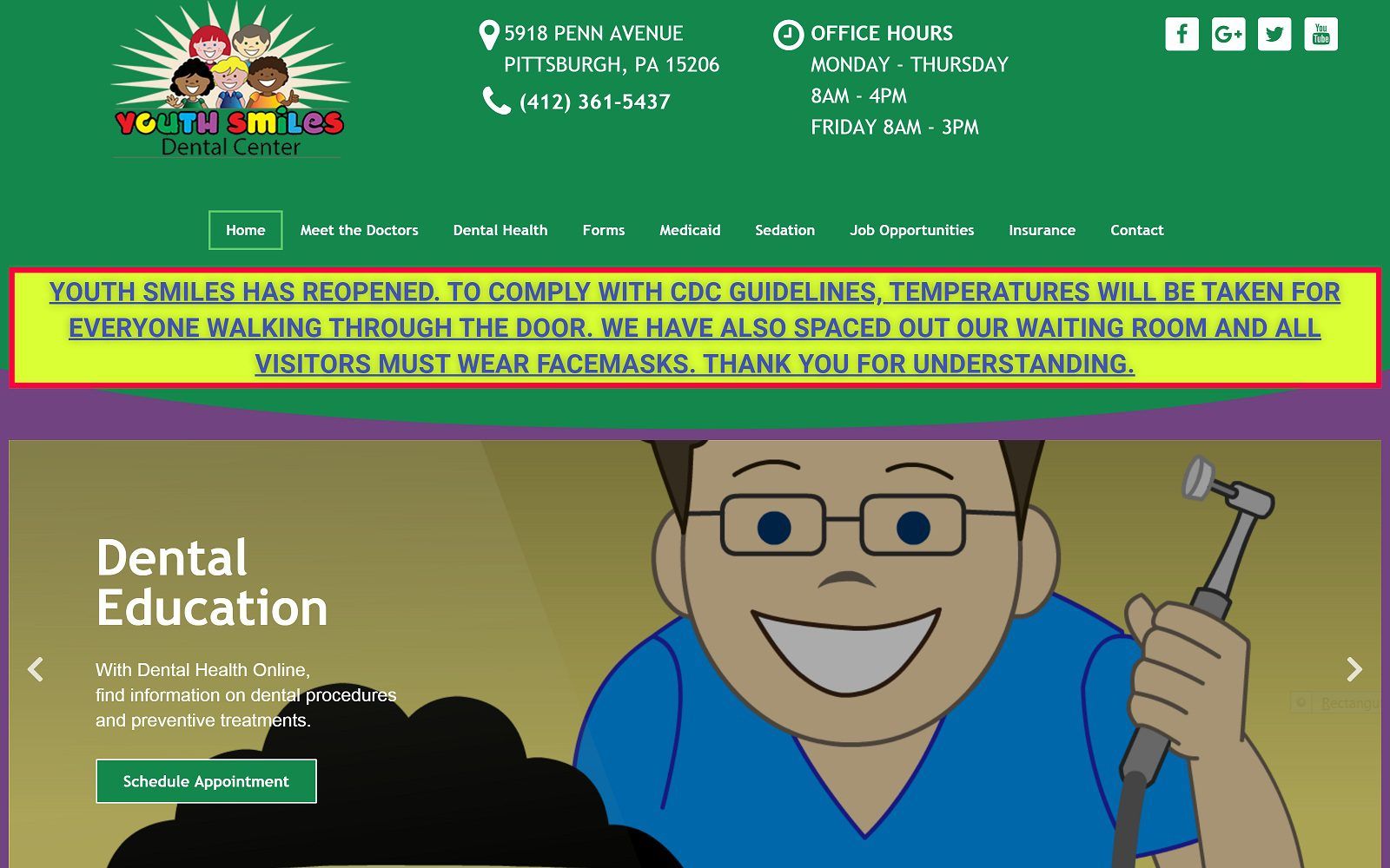The screenshot of youth smiles dental center website