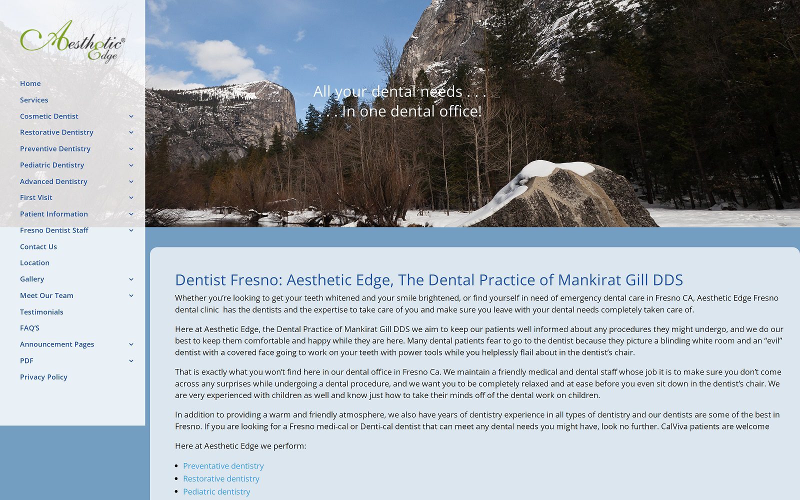 The screenshot of aesthetic edge, the dental practice of mankirat gill dds website