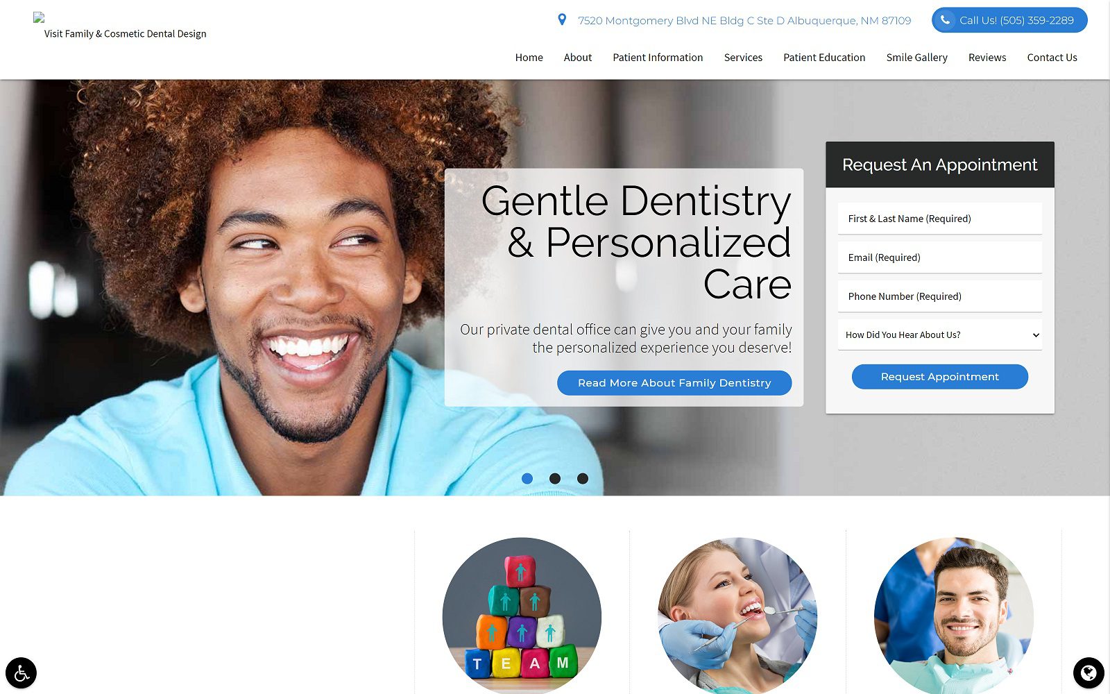 The screenshot of family & cosmetic dental design website