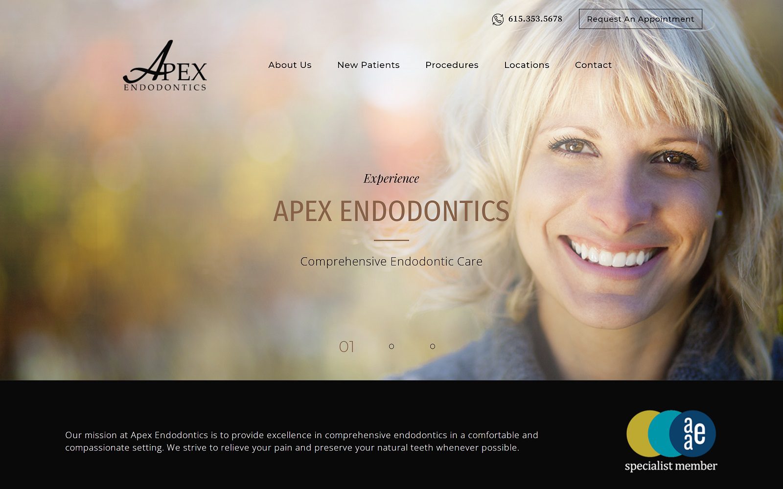 The screenshot of apex endodontics website