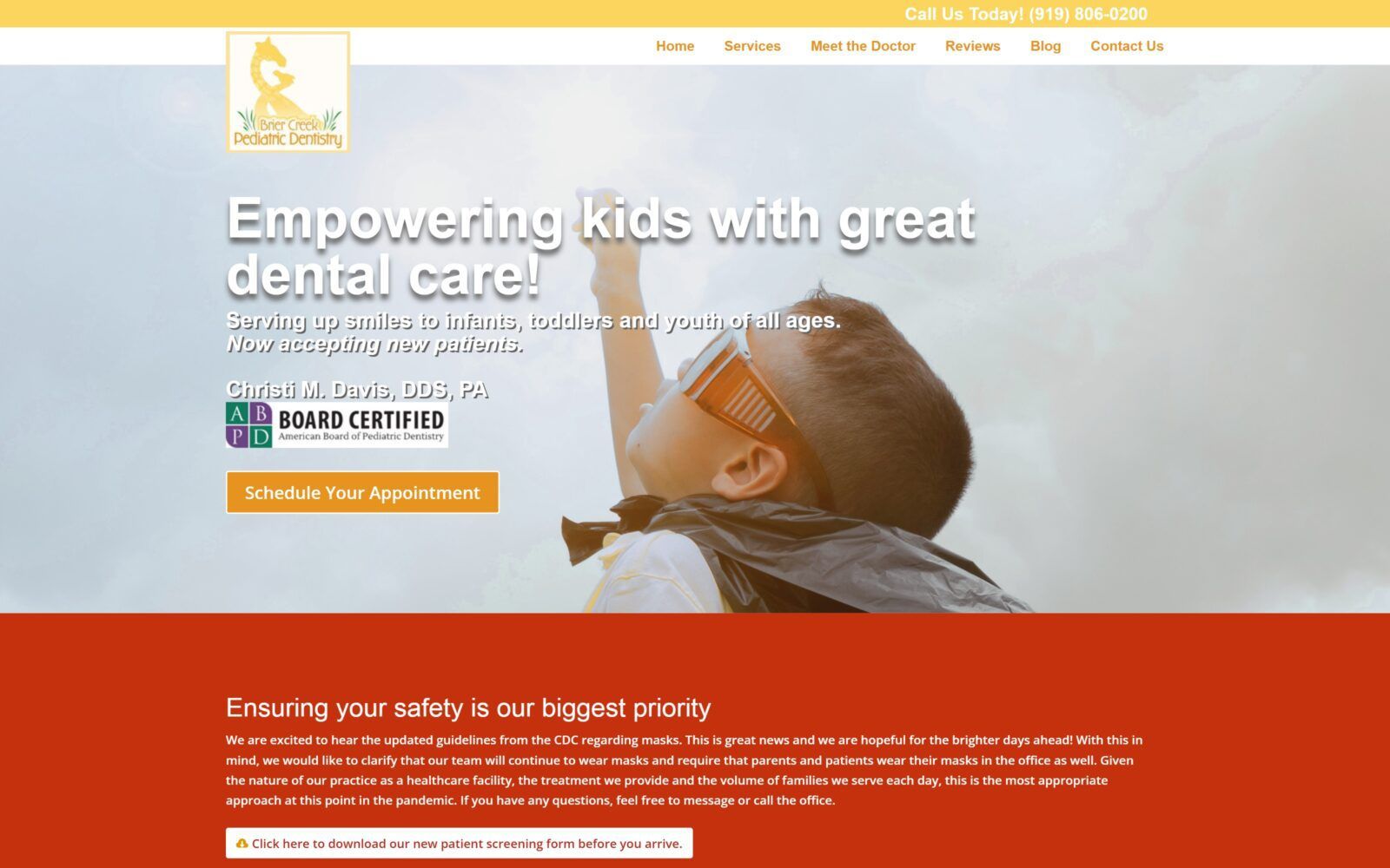 The screenshot of brier creek pediatric dentistry website