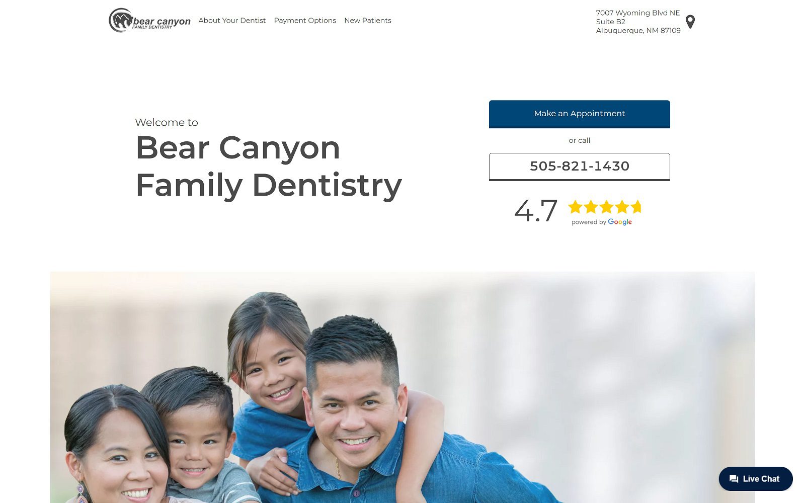 The screenshot of bear canyon family dentistry website