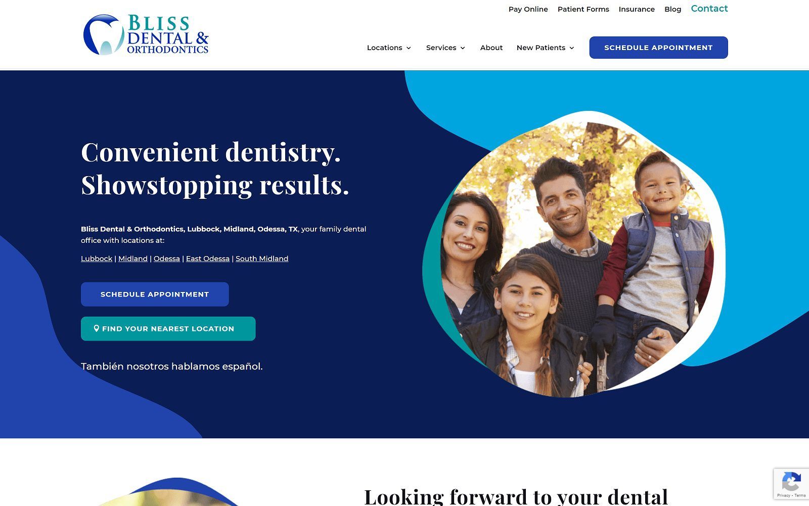 The screenshot of bliss dental and orthodontics: midland blisssmiles. Com website