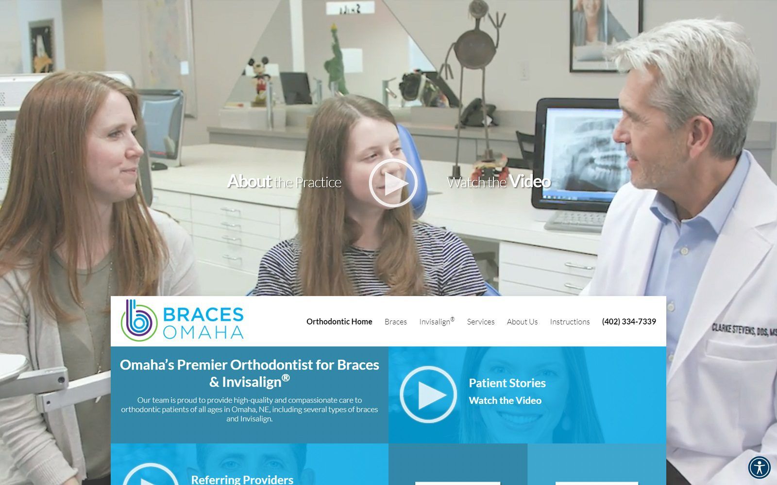 The screenshot of  braces omaha dr. Clarke stevens website