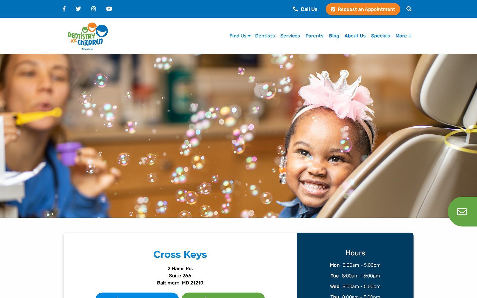 The screenshot of dentistry for children maryland - cross keys website