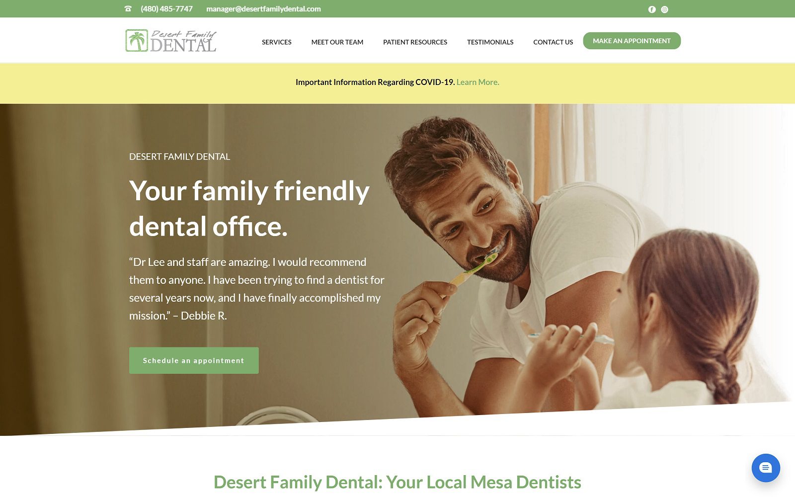 The screenshot of desert family dental website