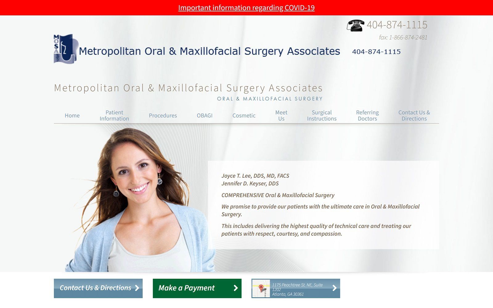 The screenshot of metropolitan oral & maxillofacial surgery associates/ dr. Joyce lee website