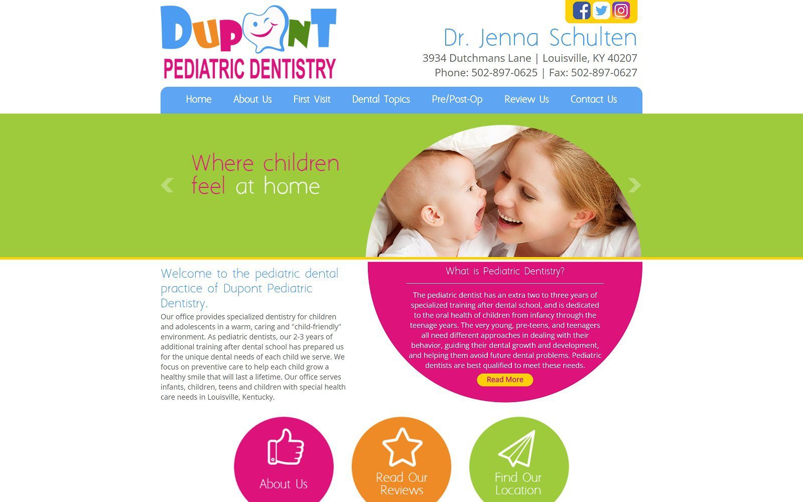 The screenshot of dupont pediatric dentistry dr. Jenna schulten website