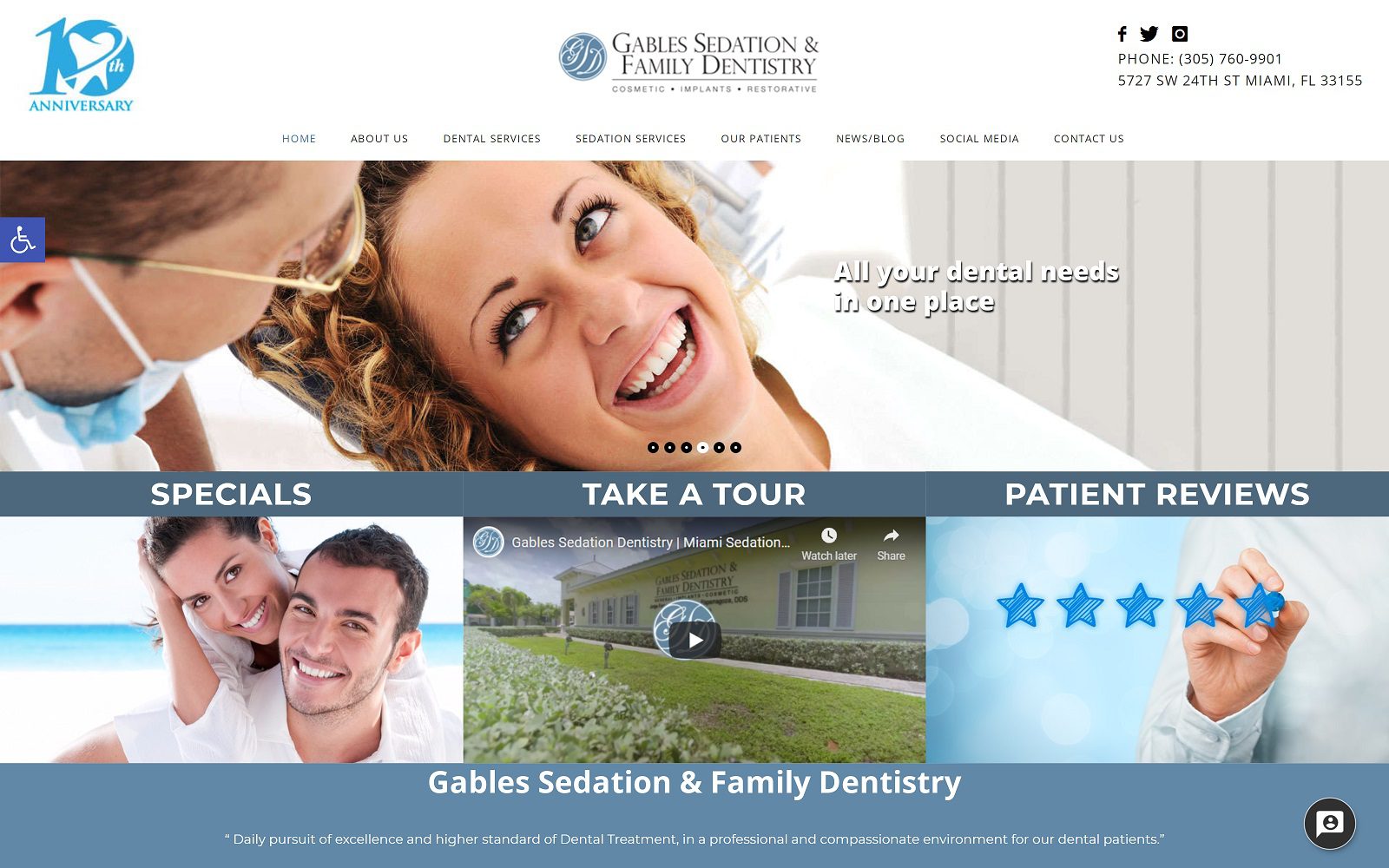 The screenshot of gables sedation and family dentistry website