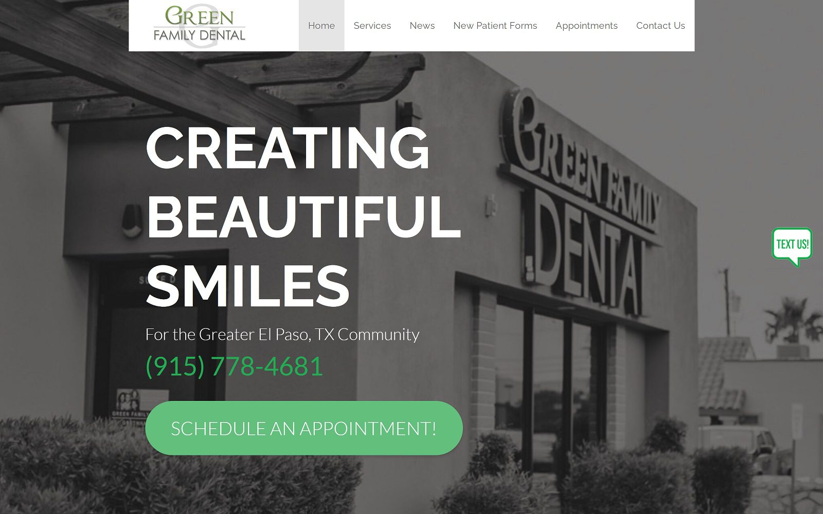 The screenshot of green family dental website