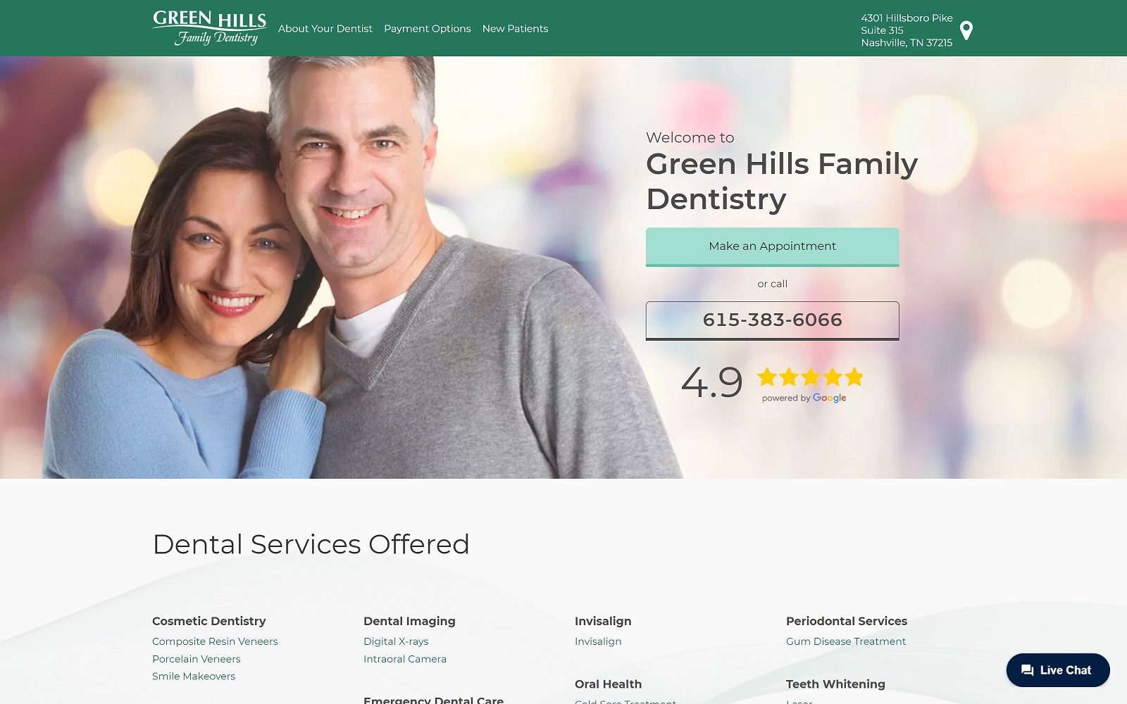 The screenshot of green hills family dentistry website