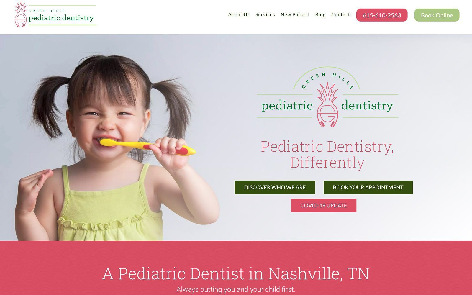The screenshot of green hills pediatric dentistry website