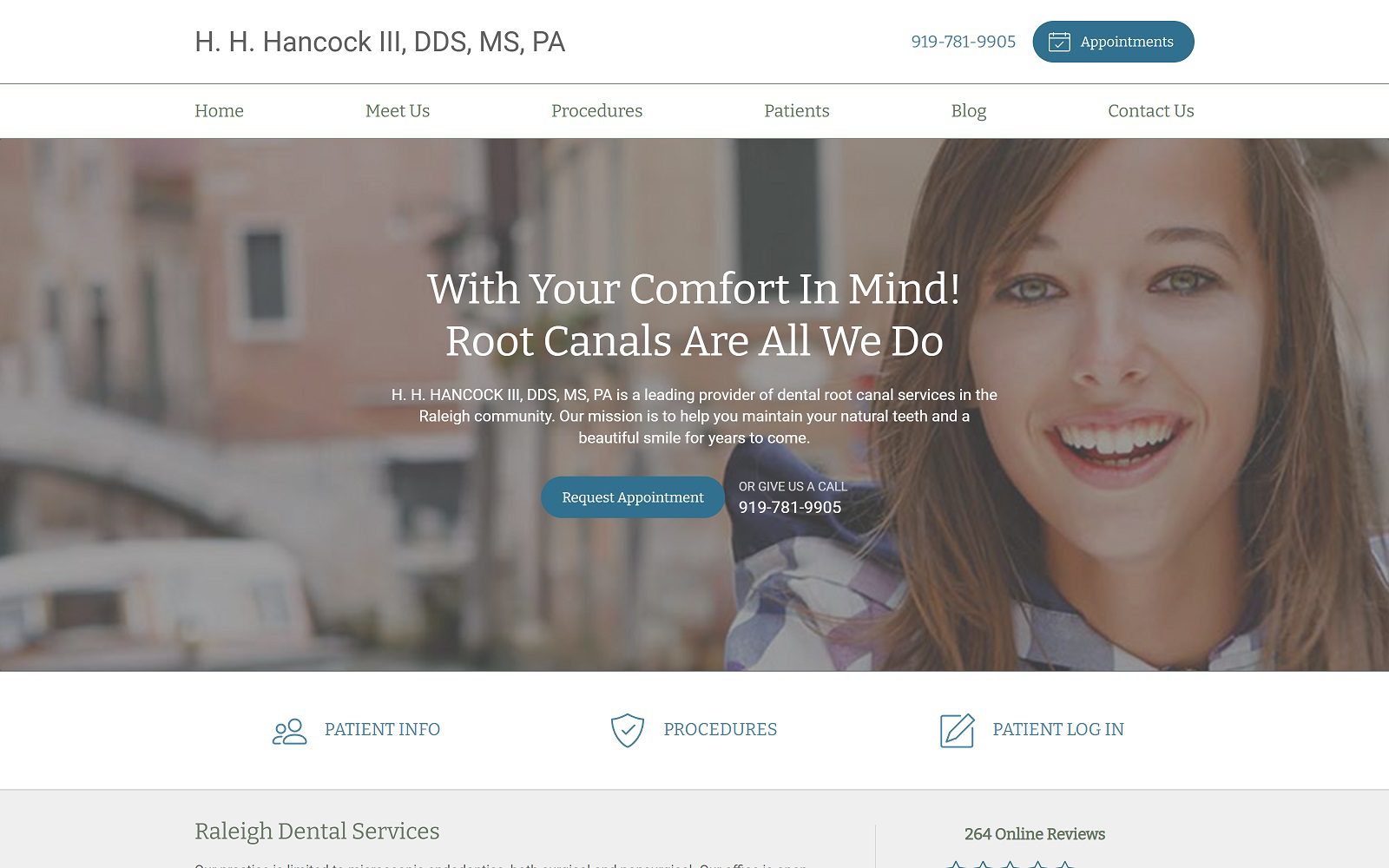 The screenshot of hh hancock iii root canal endodontist website