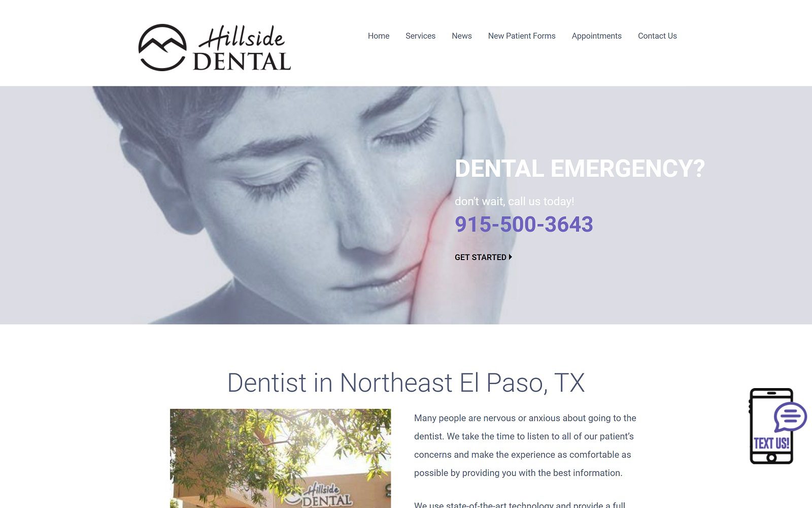 The screenshot of hillside dental website