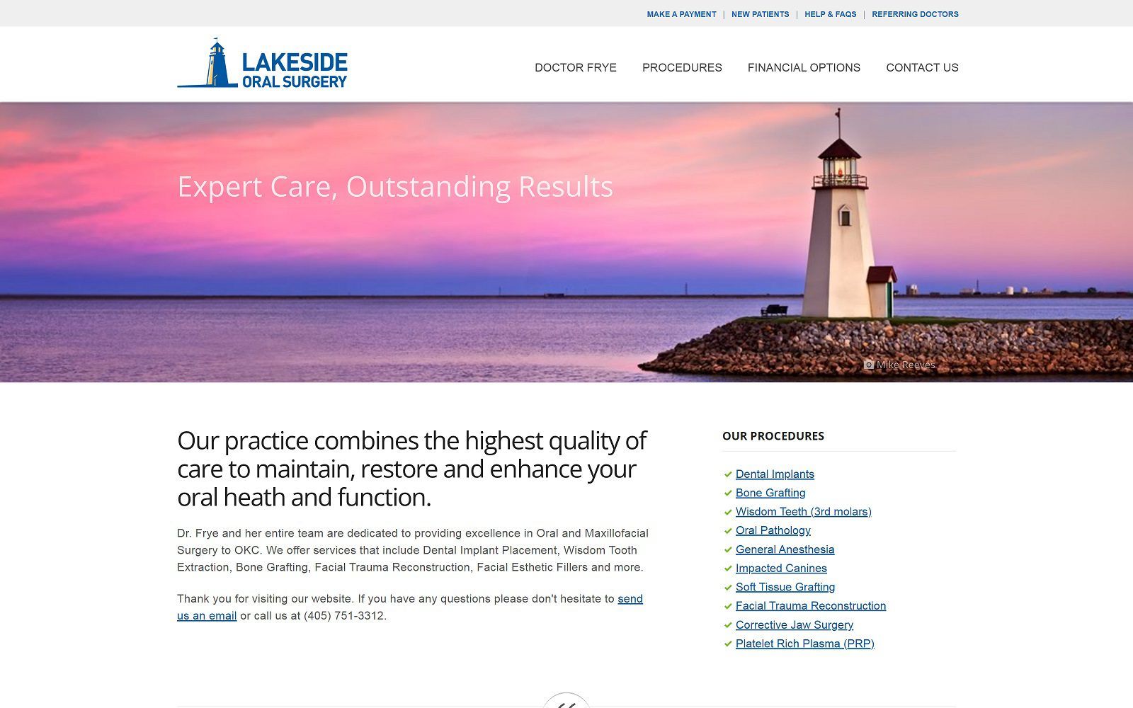 The screenshot of lakeside oral surgery dr. Frye website