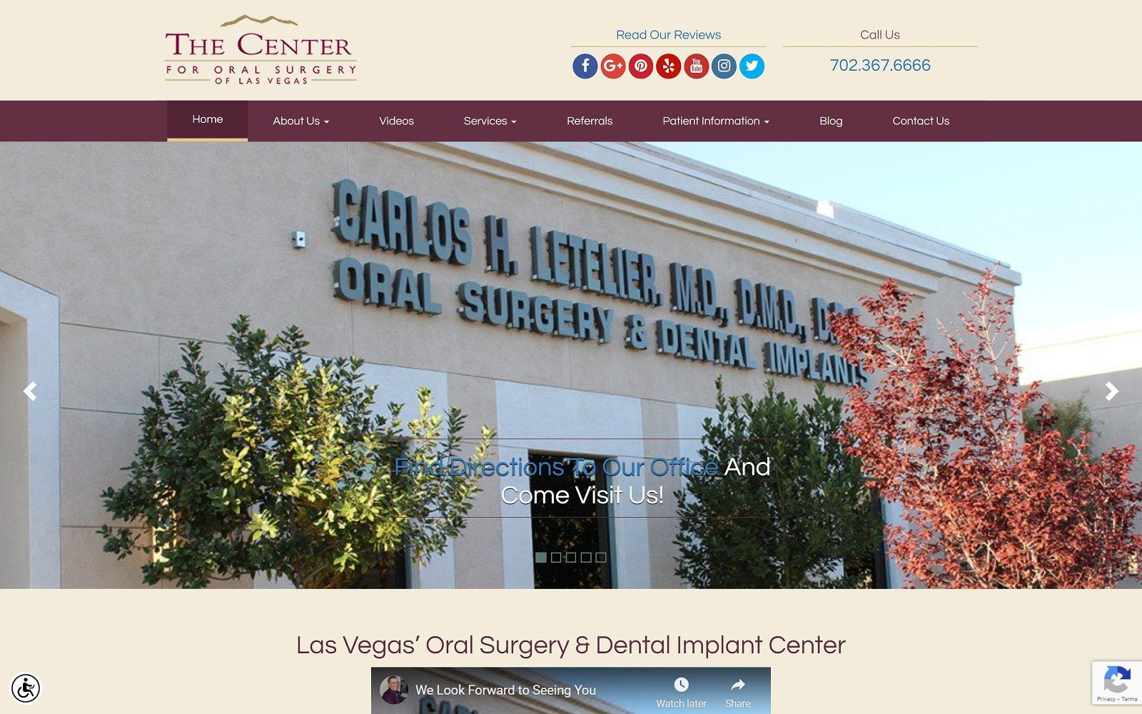 The screenshot of the center for oral surgery of las vegas: dr. Carlos letelier website