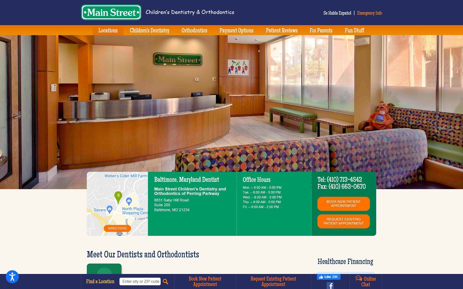 The screenshot of main street children's dentistry and orthodontics of perring parkway website