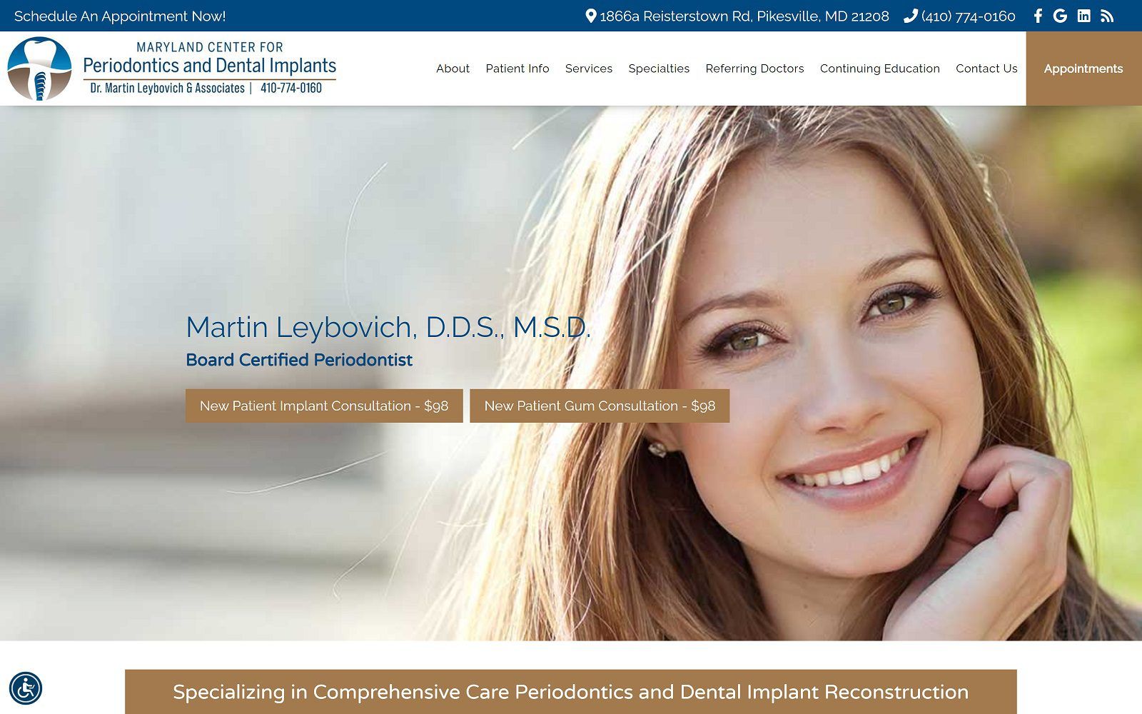 The screenshot of maryland center for periodontics and dental implants dr. Martin leybovich