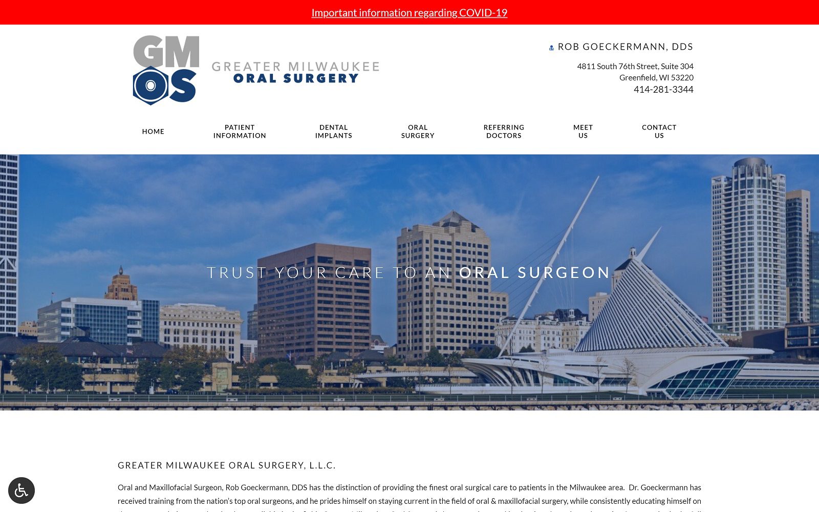 The screenshot of greater milwaukee oral surgery dr. Rob goeckermann website