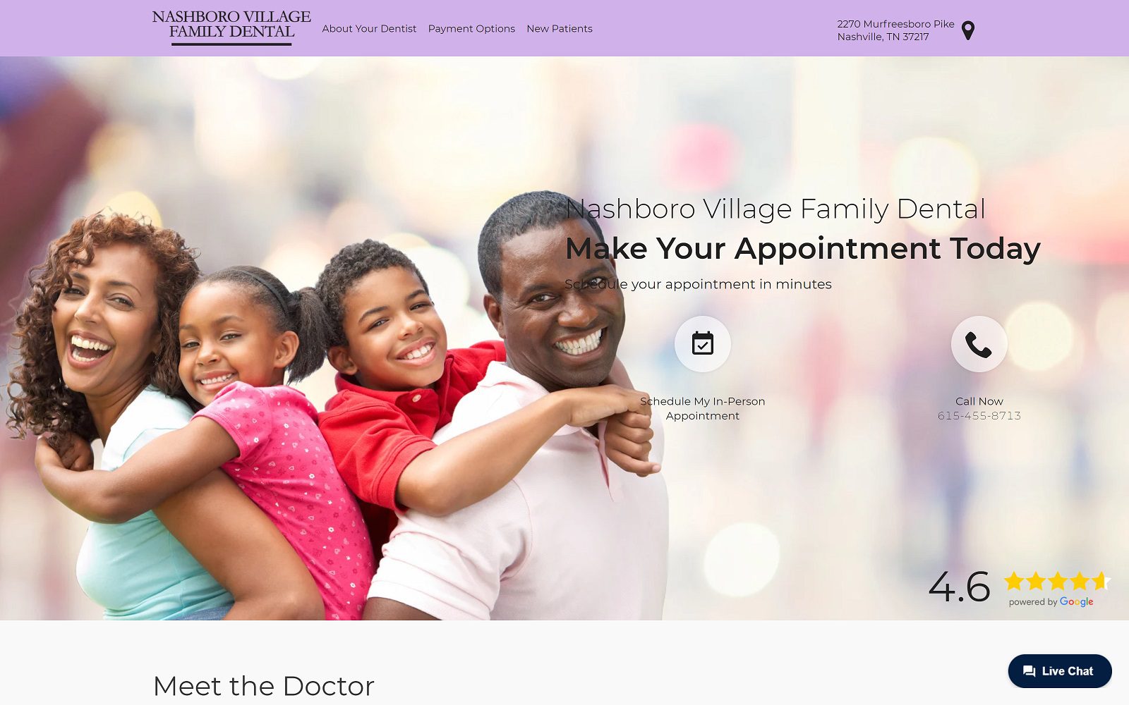 The screenshot of nashboro village family dental website