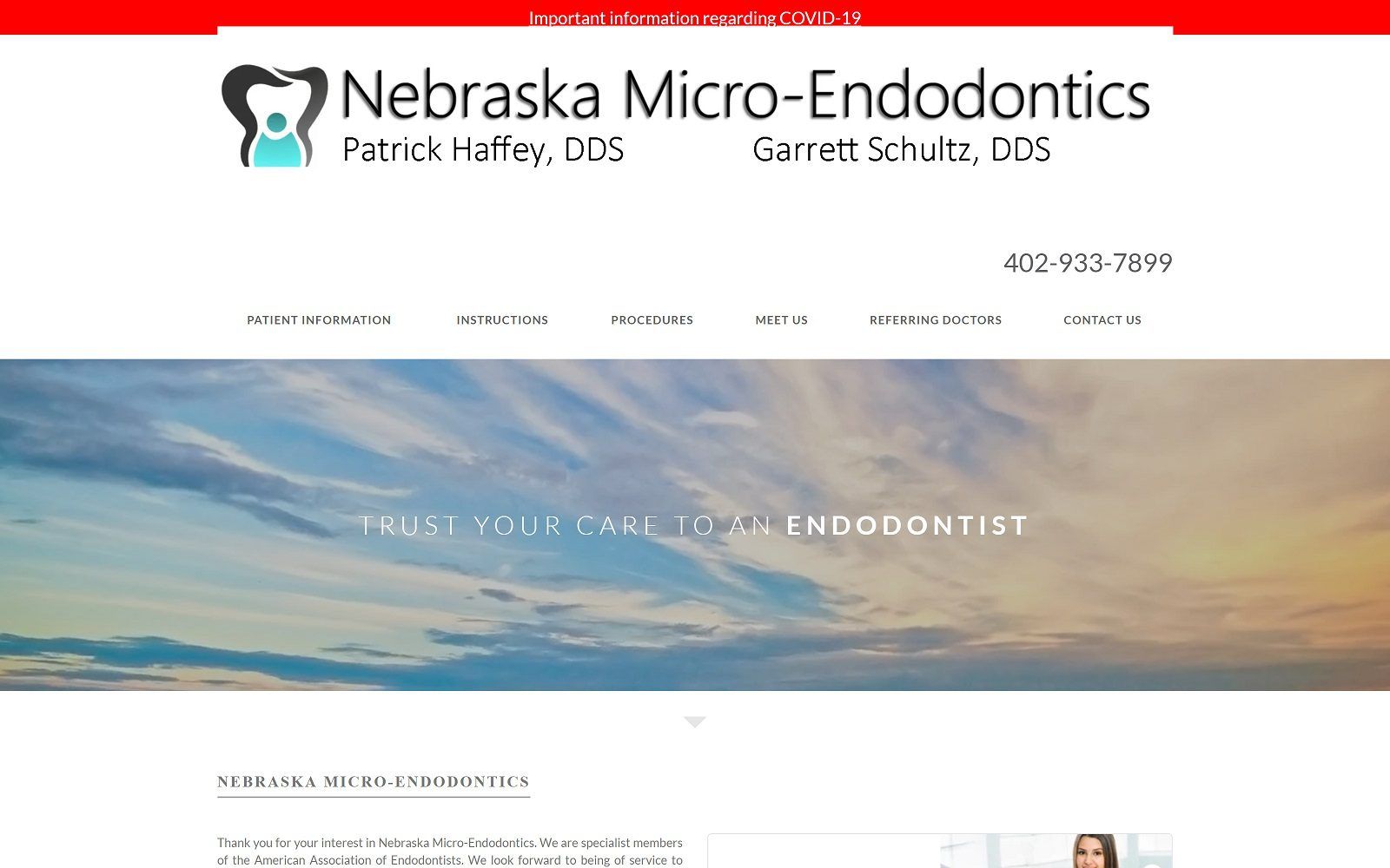 The screenshot of nebraska micro-endodontics, llc dr. Patrick haffey website
