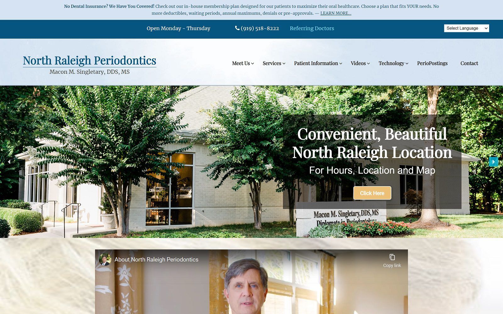 The screenshot of north raleigh periodontics dr. Macon m. Singletary website