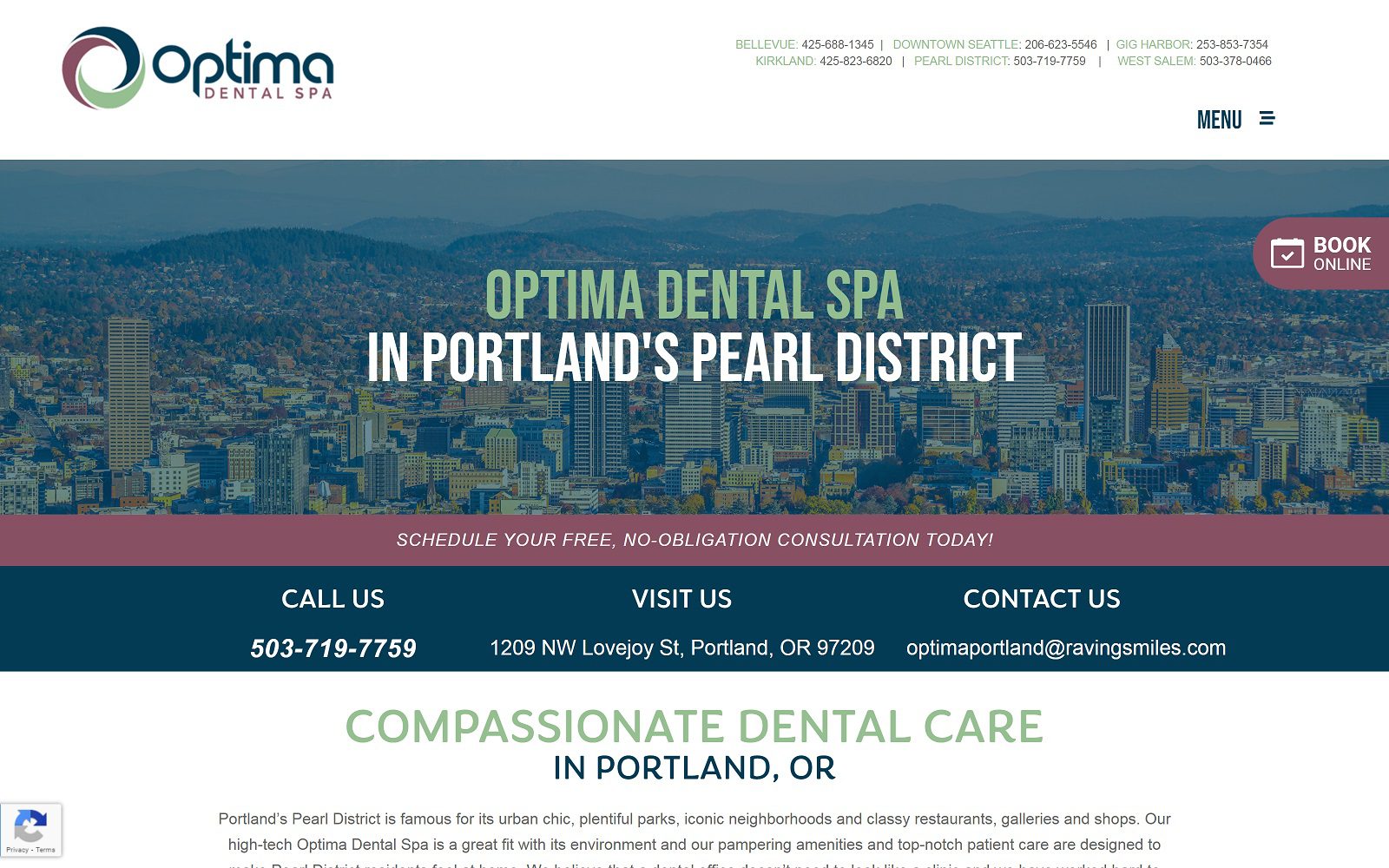 The screenshot of optima dental spa portland website