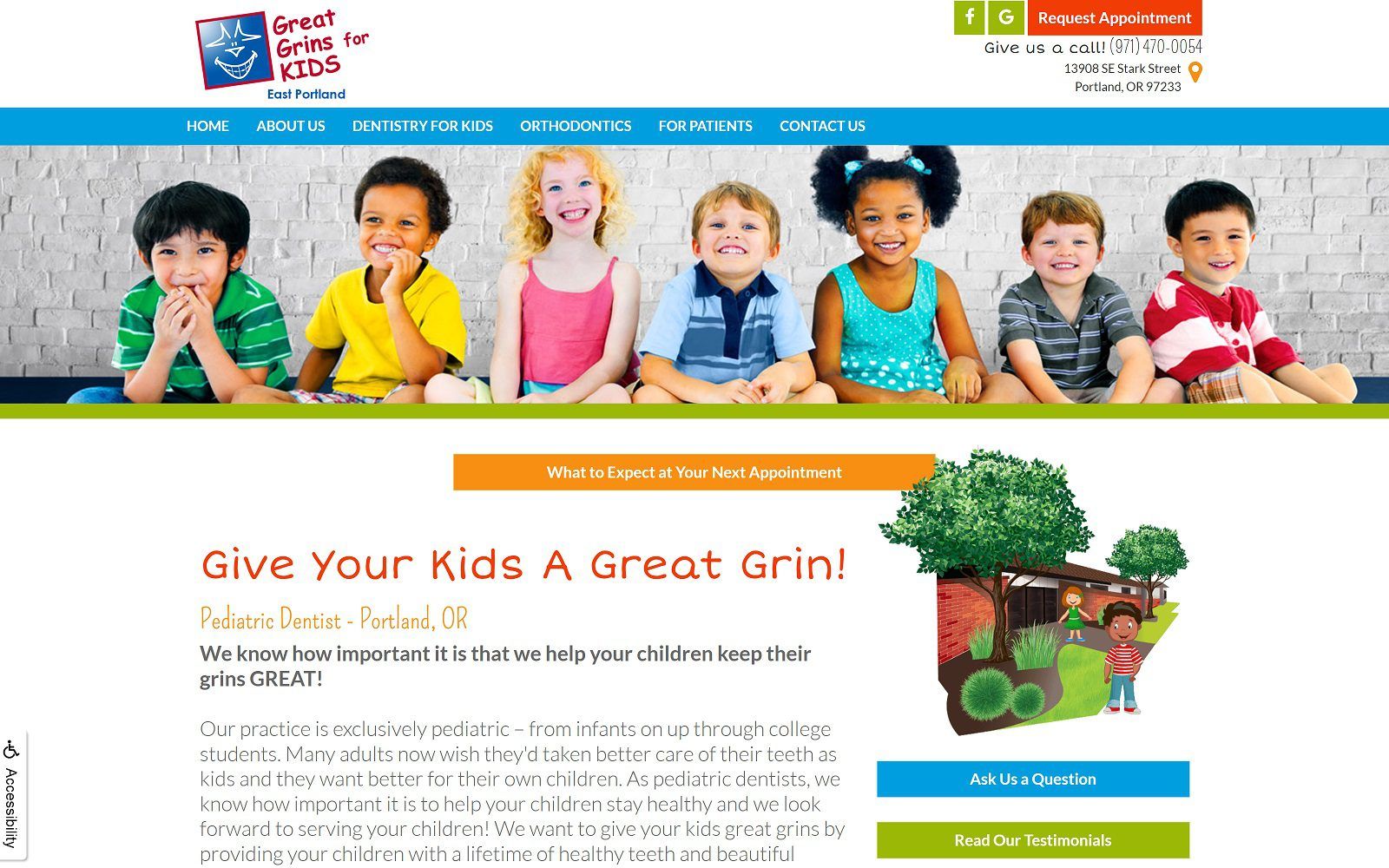 The screenshot of great grins for kids website