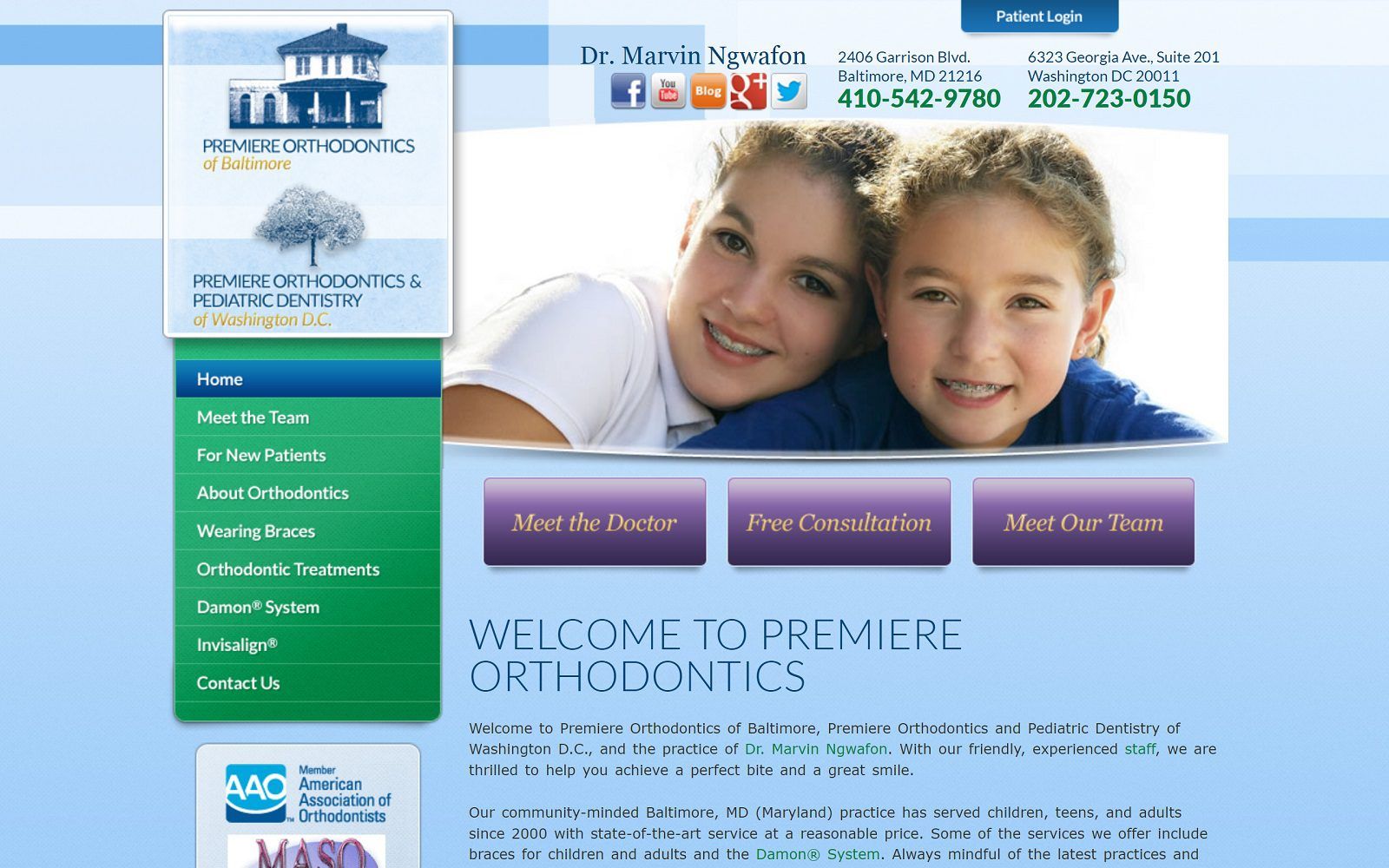 The screenshot of premiere orthodontics of baltimore dr. Marvin ngwafon website
