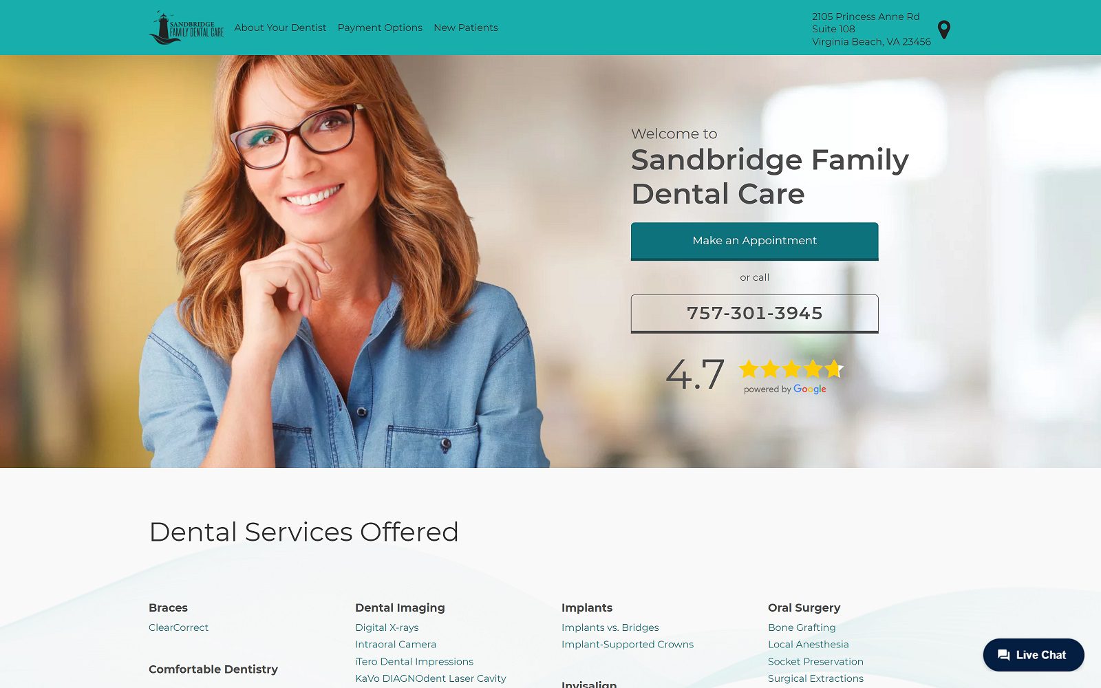 The screenshot of sandbridge family dental care website