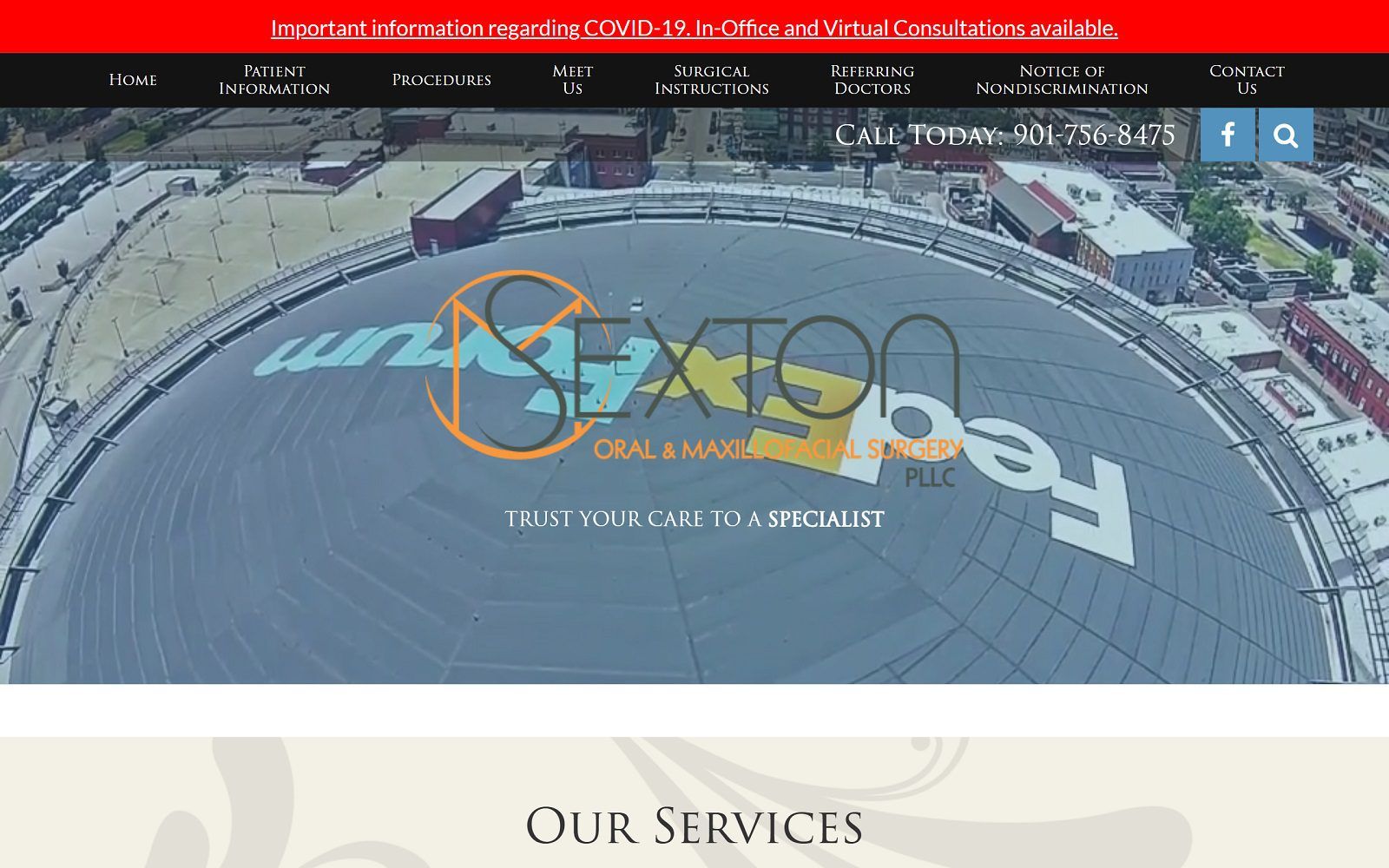 The screenshot of sexton oral & maxillofacial surgery, pllc website