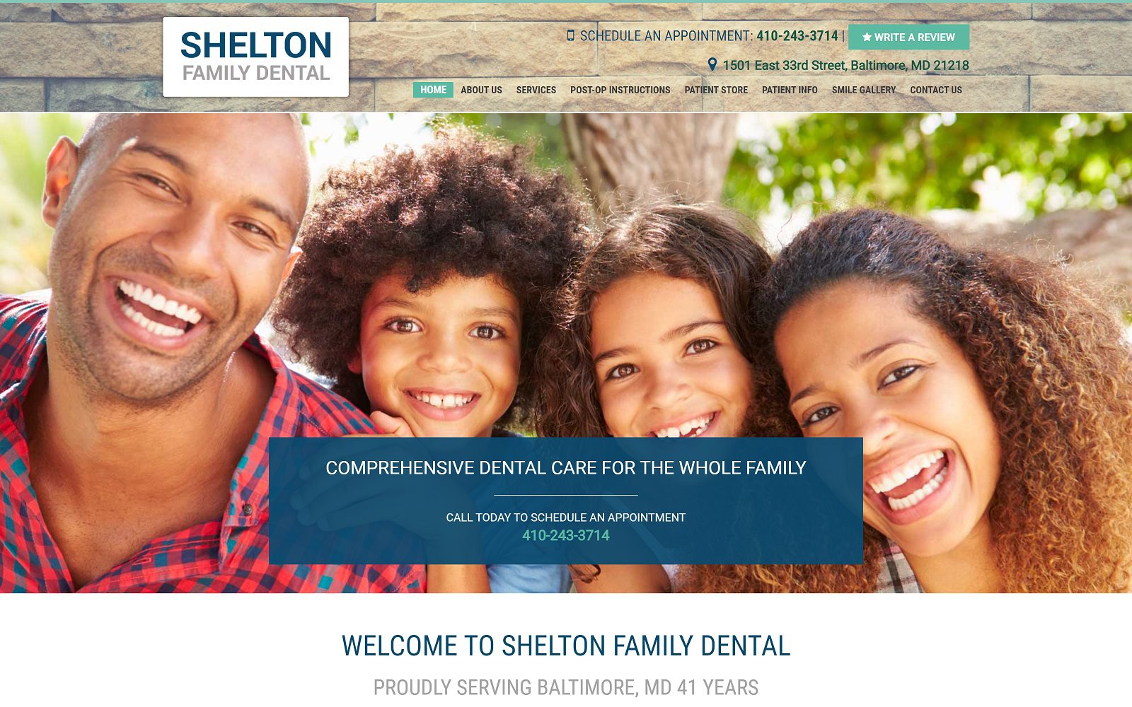 The screenshot of shelton family dental website