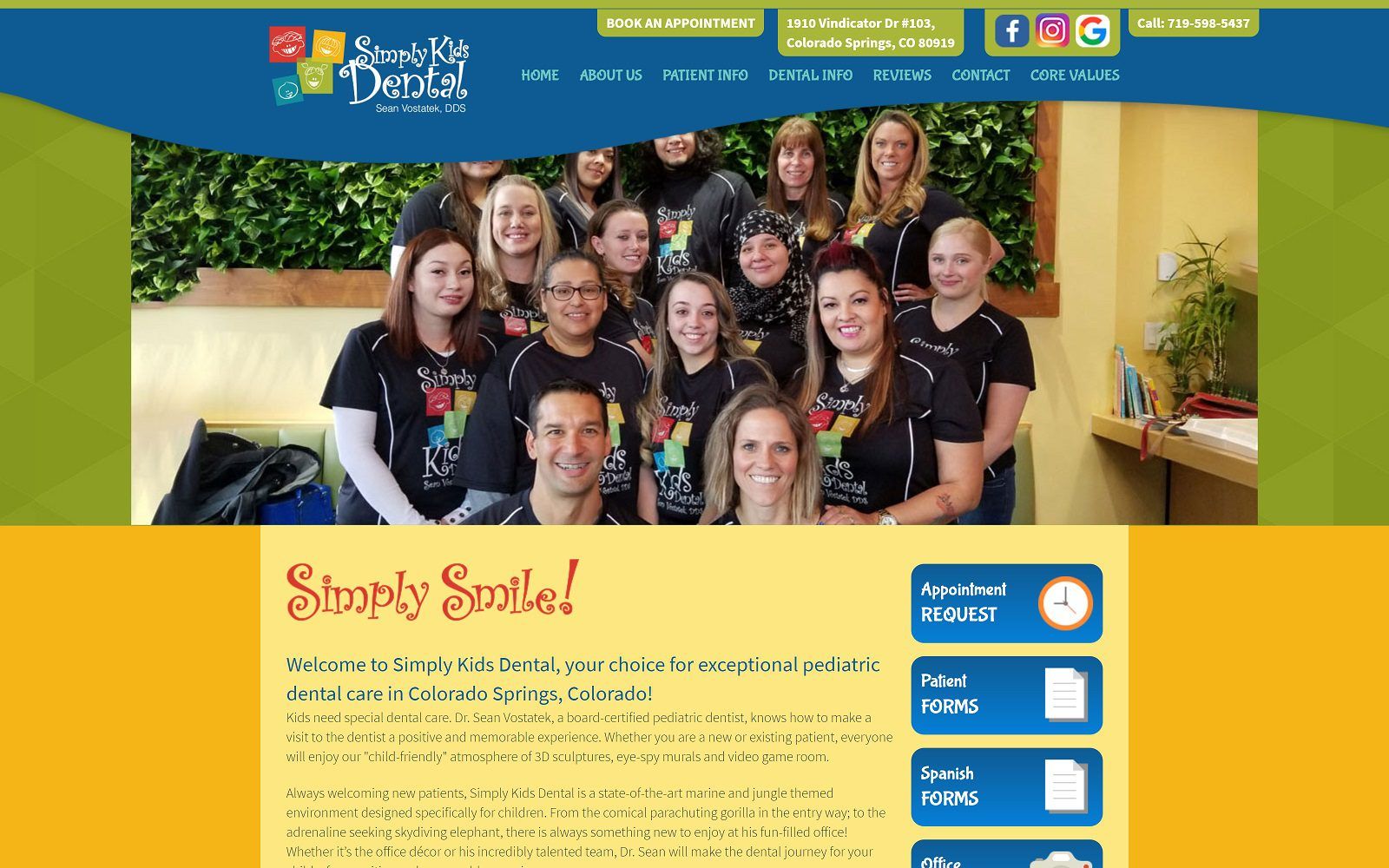 The screenshot of simply kids dental dr. Sean vostatek website