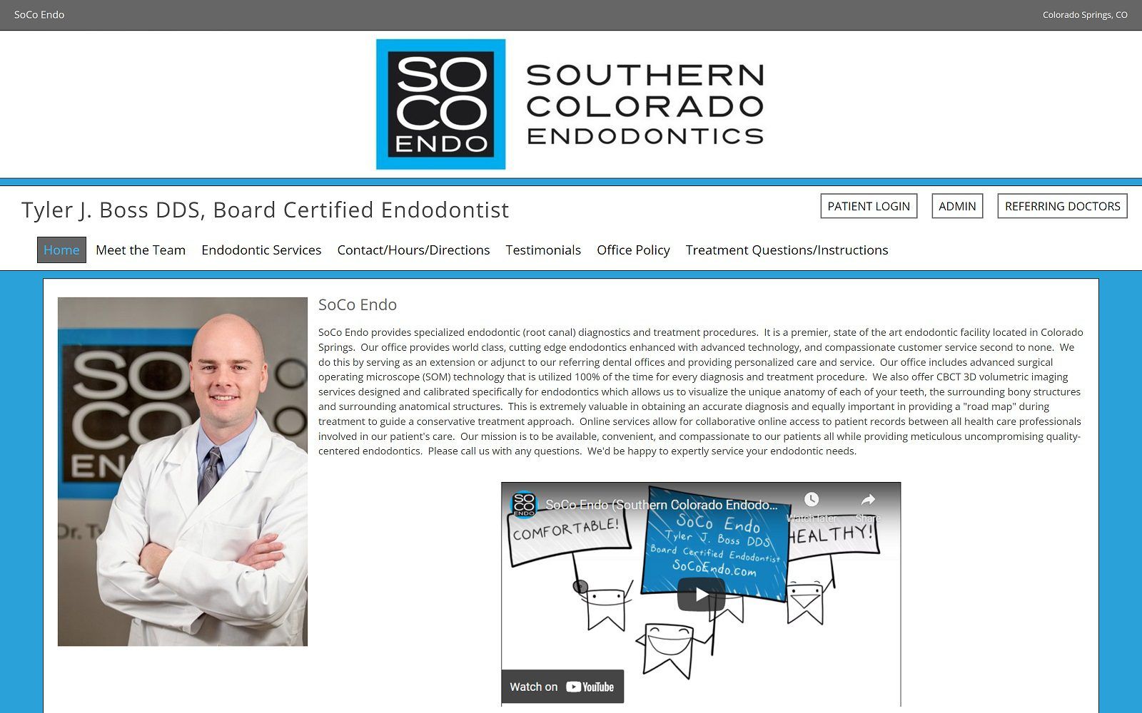 The screenshot of soco endo, dr. Tyler j. Boss dds, board certified endodontist website