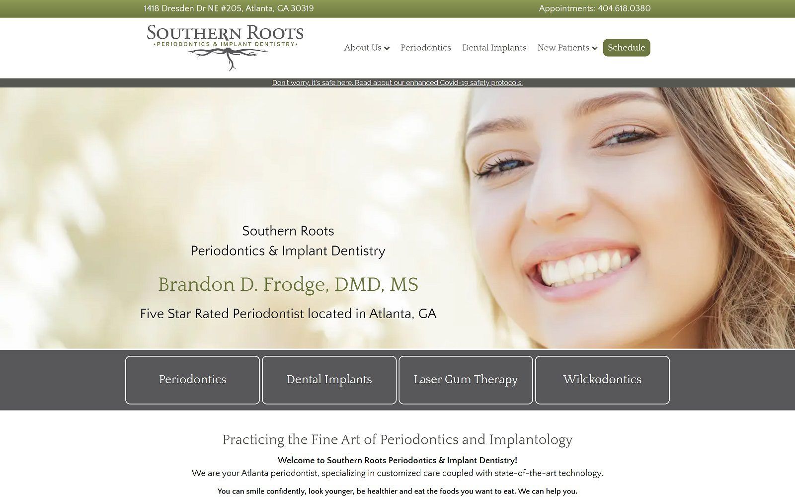 The screenshot of southern roots periodontics: brandon d. Frodge, dmd, ms website
