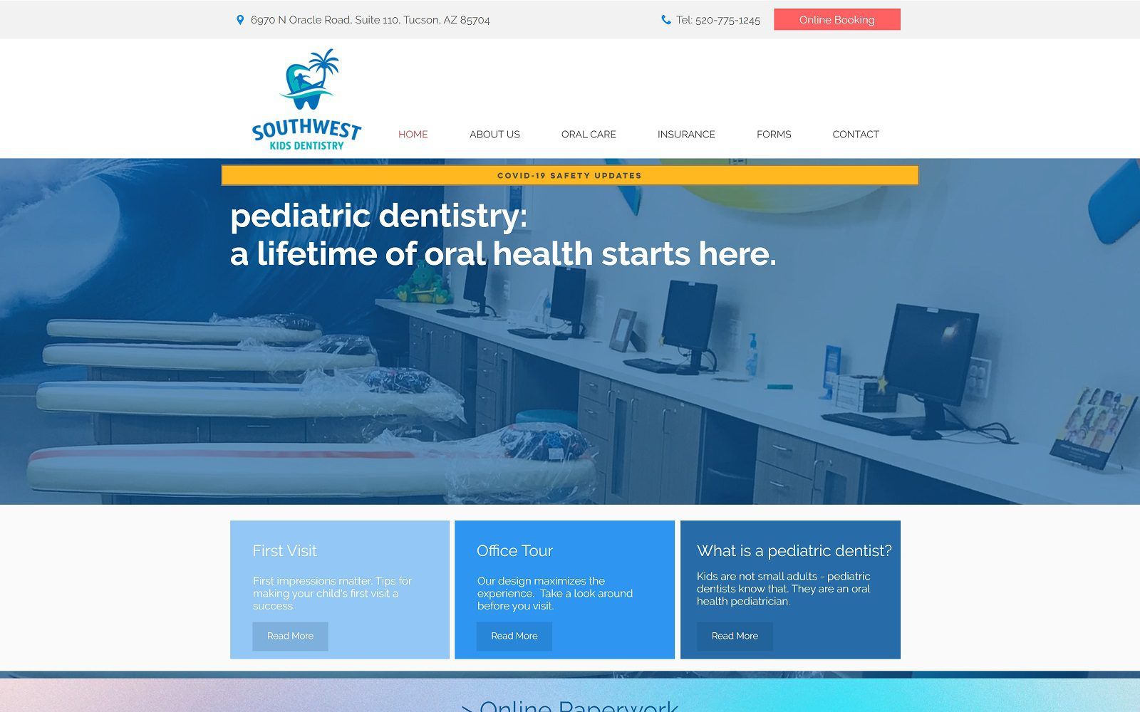 The screenshot of southwest kids dentistry website