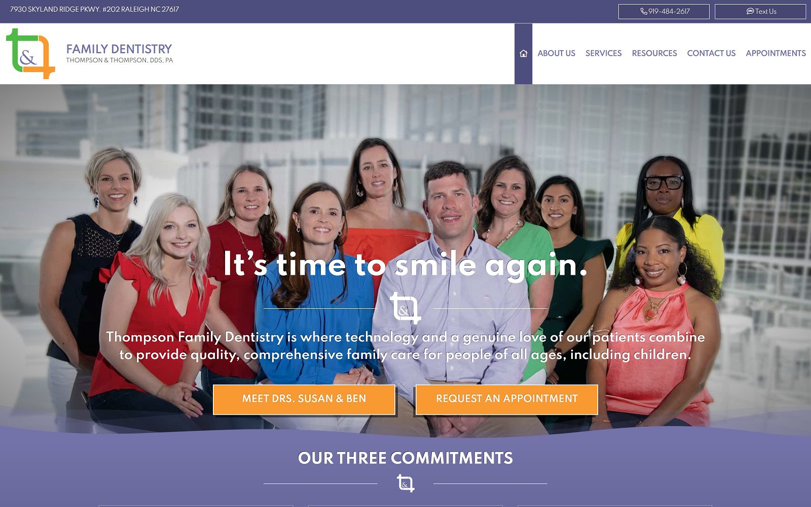 The screenshot of thompson family dentistry website