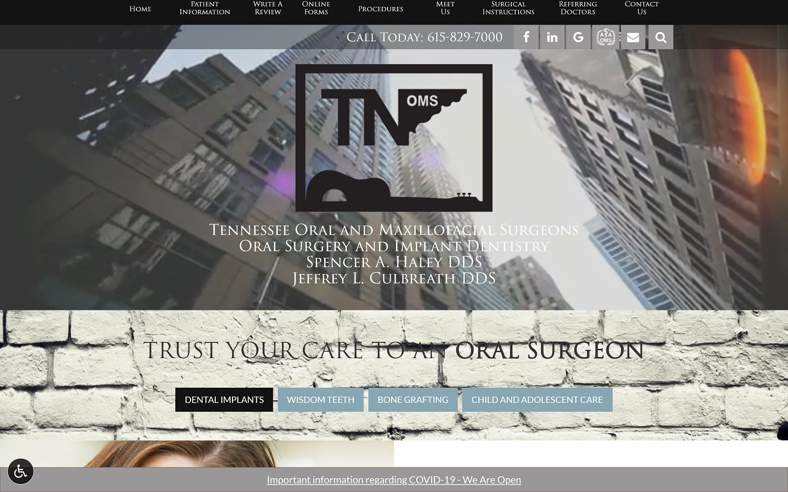 The screenshot of tennessee oral and maxillofacial surgeons, p. C. Website