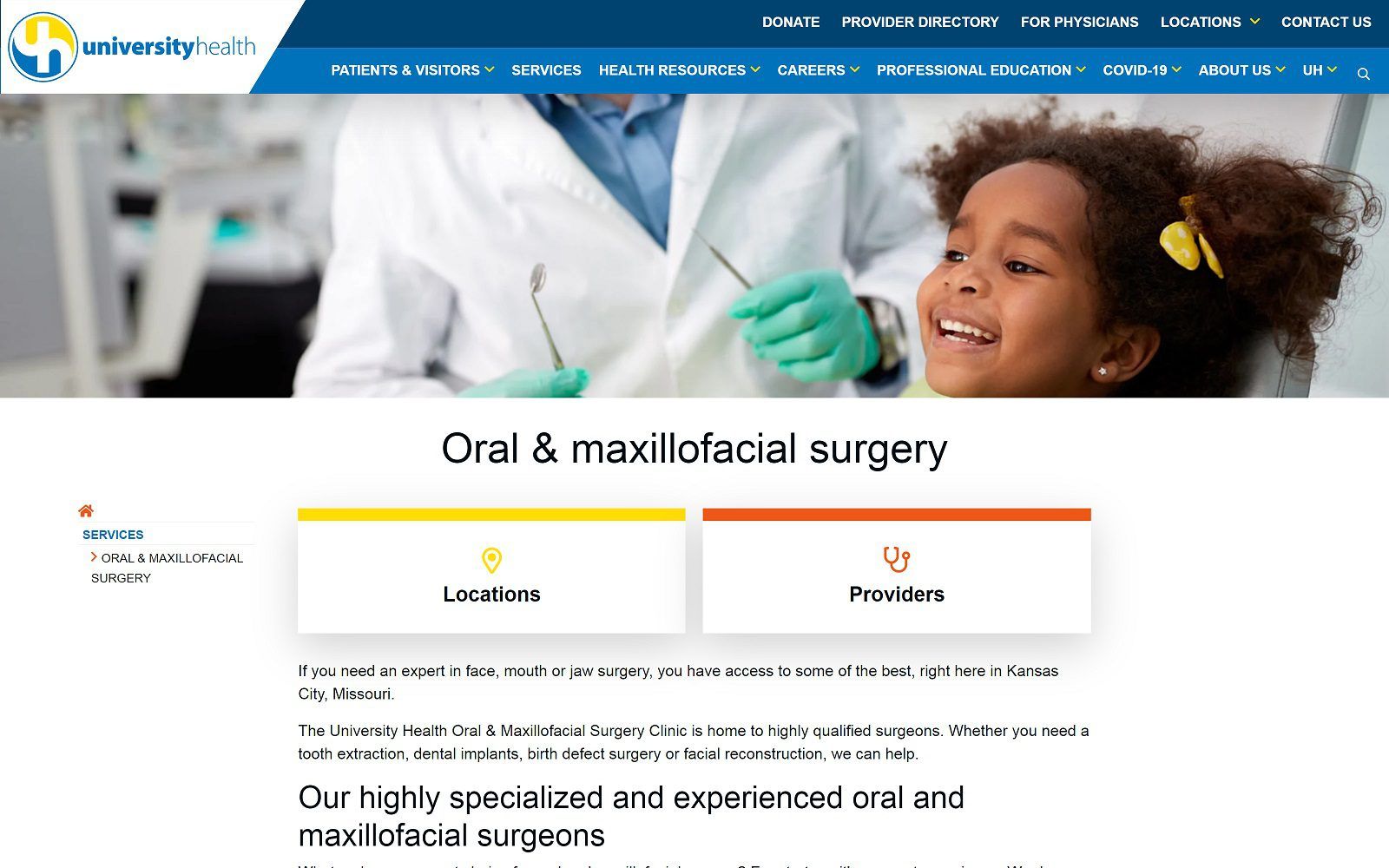 The screenshot of truman medical center oral surgery website