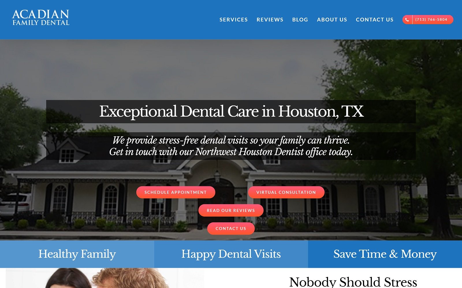 The screenshot of acadian family dental website