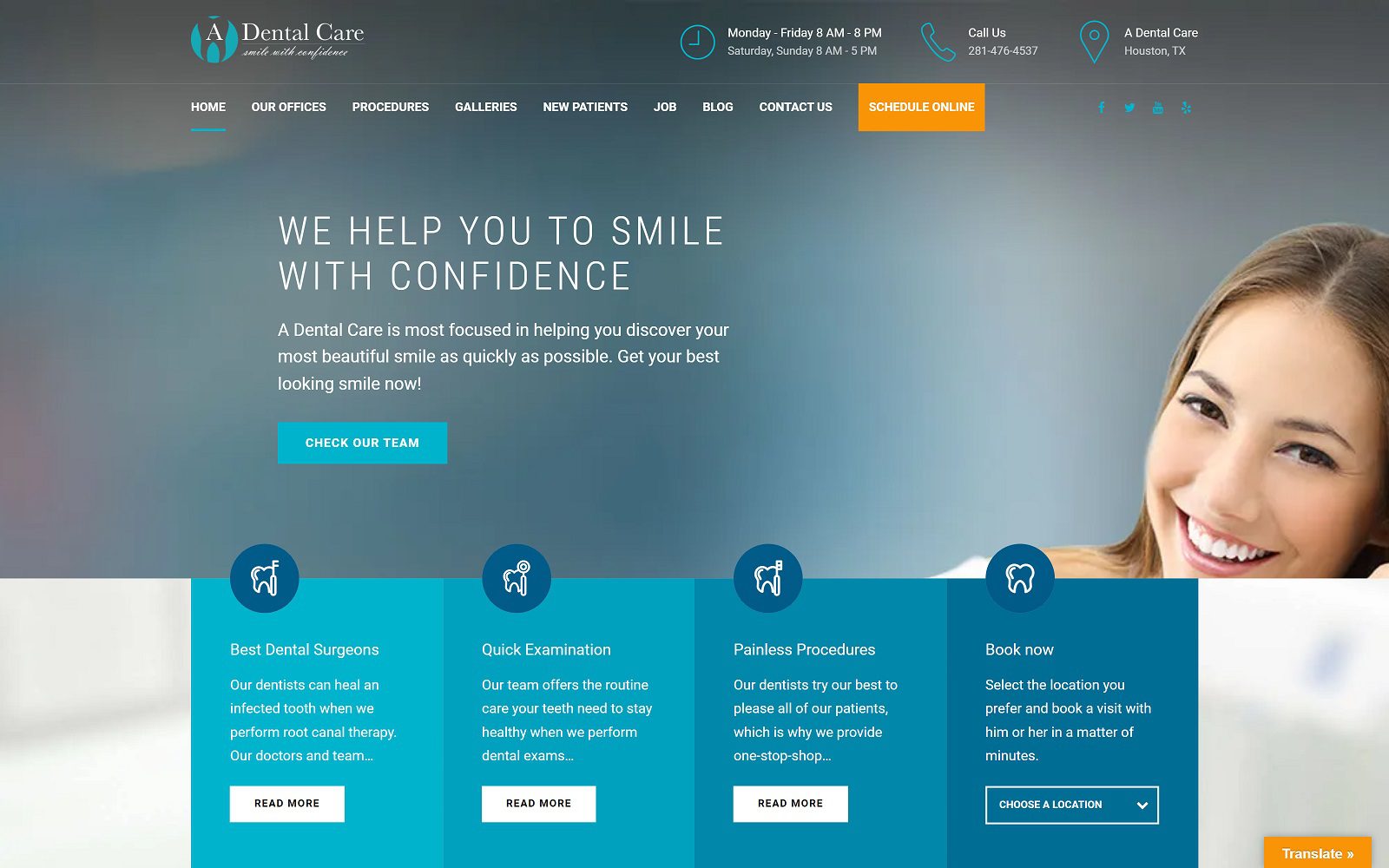 The screenshot of a dental care website