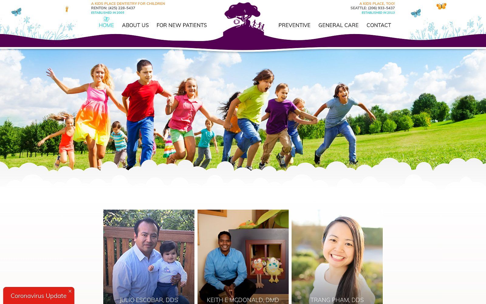 The screenshot of a kid's place too! Dentistry for children website