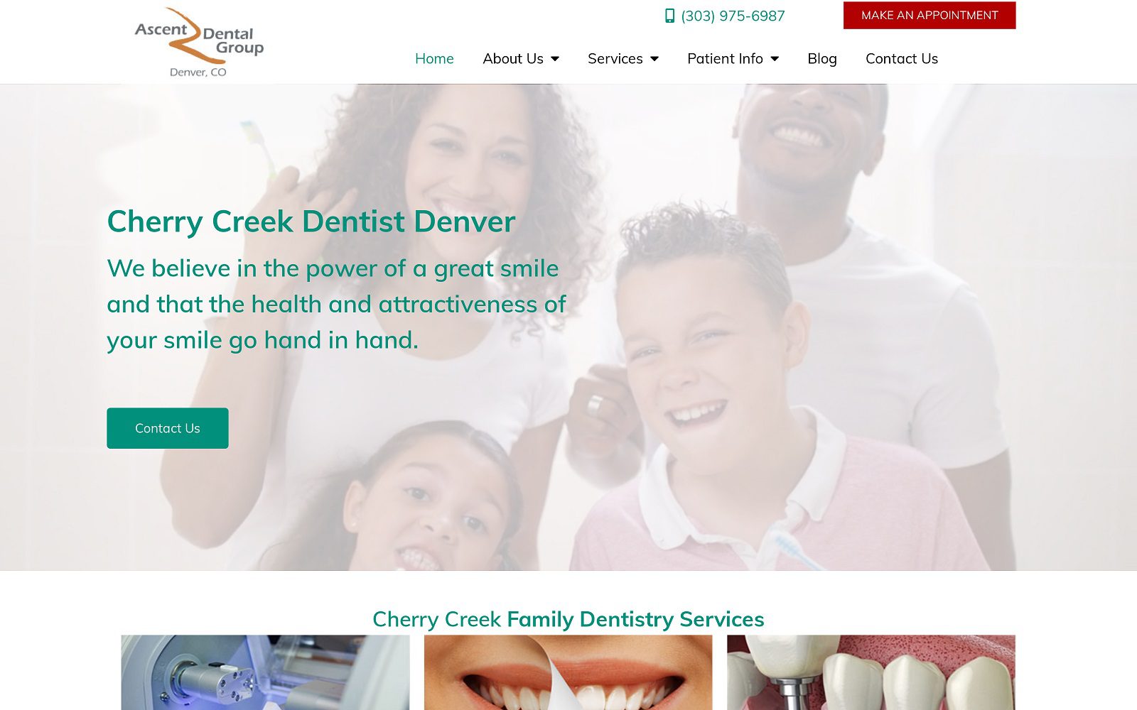 The screenshot of ascent dental group website