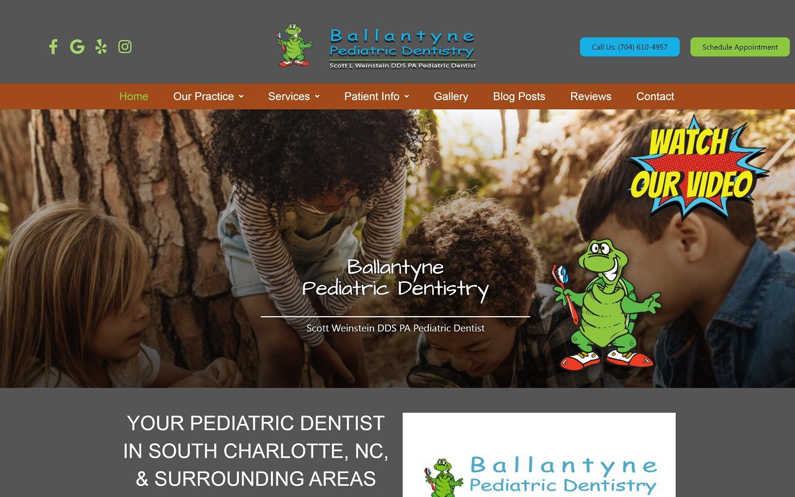 The screenshot of ballantyne pediatric dentistry website