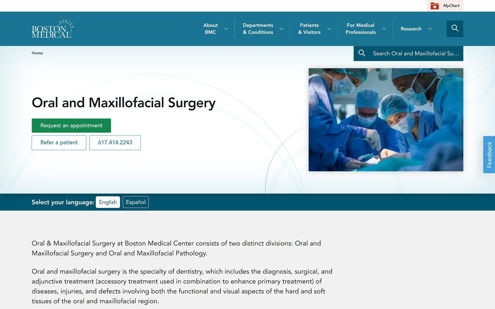 The screenshot of oral & maxillofacial surgery at boston medical center website