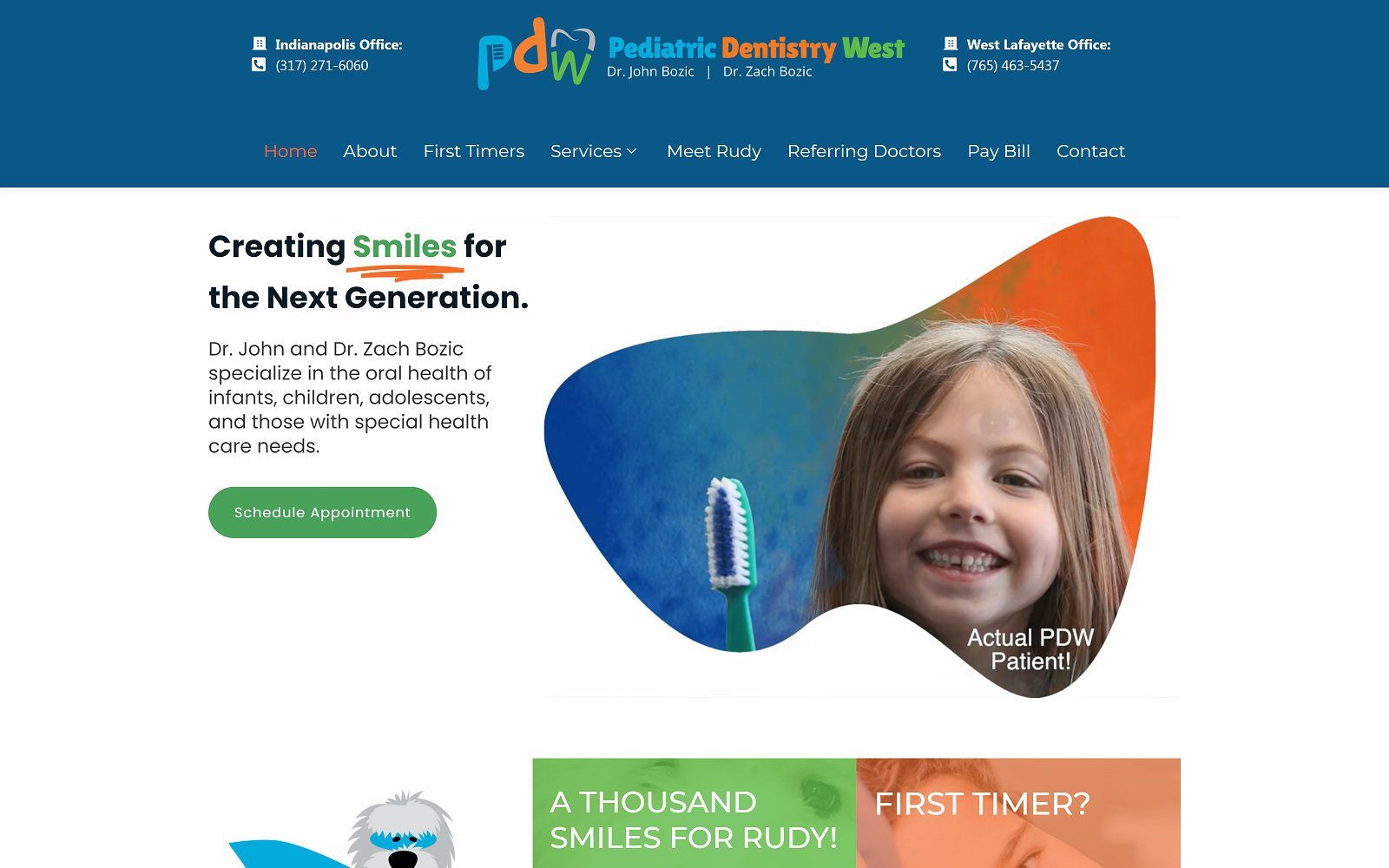 The screenshot of pediatric dentistry west | dr. John and dr. Zach bozic (indianapolis office) website