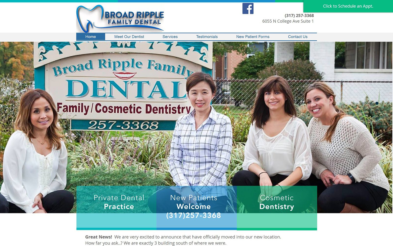 The screenshot of broad ripple family dental website