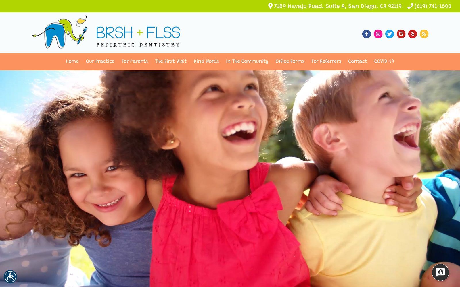 The screenshot of brsh+flss pediatric dentistry website